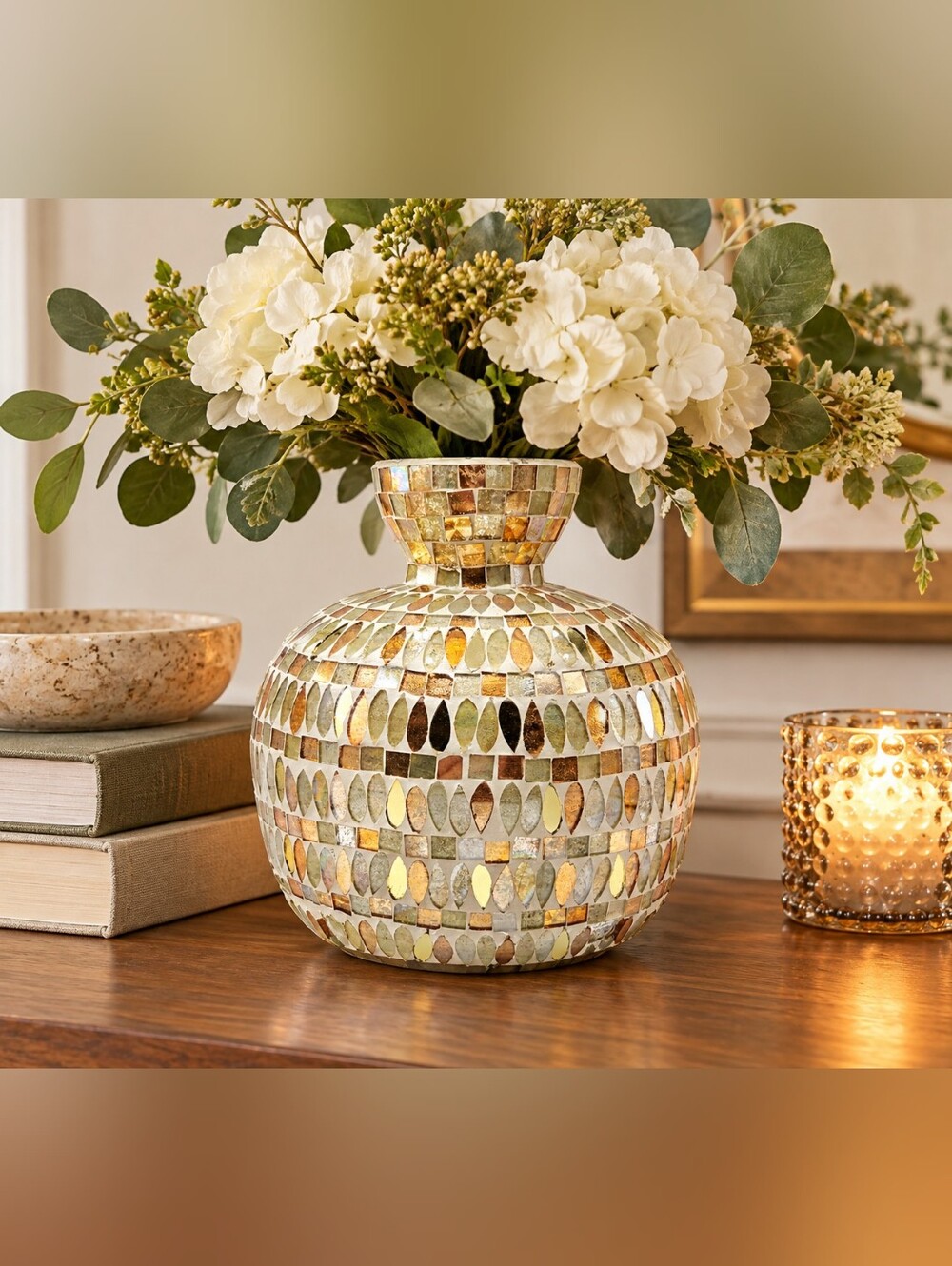 Mosaic Metallic Glass Vase in Gold & Cream
